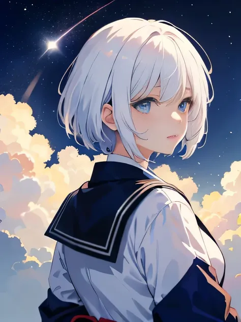 Anime girl ((high quality)), White hair ((high quality)), short hair chanel ((high quality)), blue eyes ((high quality)), background stars and moon ((high quality)), flying in the galaxy ((high quality)), happy expression ((high quality)), japanese school ...