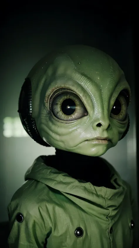 alien, small hight, look like green skin, big eye, ufo