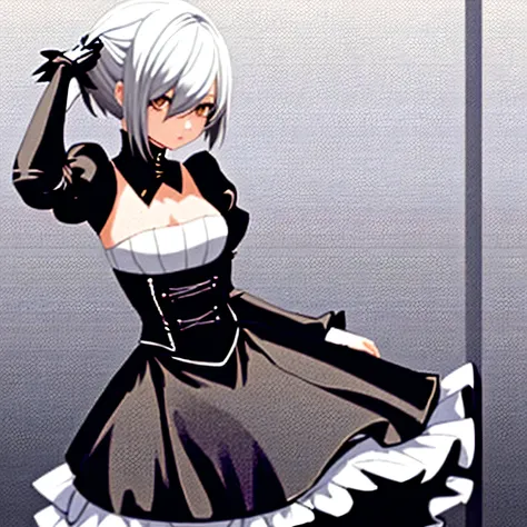 A girl,she wearing 2b outfit,her hair ITS white,she is cute