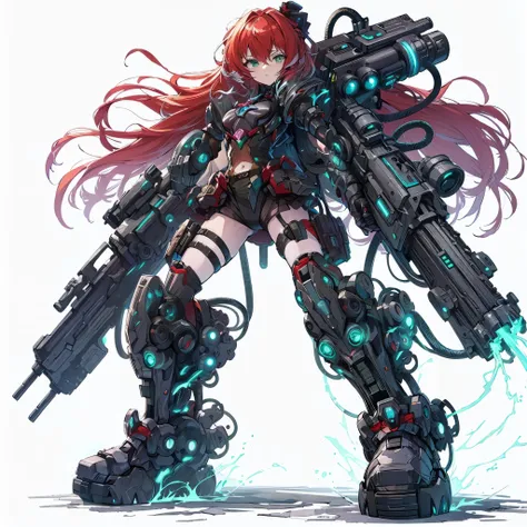 (Masterpiece, Top Quality), (Fine Hair), Ultra-Detailed, Anime Style, Solo, Full Length, Concept Art, Setting Paintings, Cyberpunk gunslinger Girl, red Hair and green Eyes, cyberpunk High-Tech armored Suit, Cyber Headgear, huge gauntlet, held guns each han...