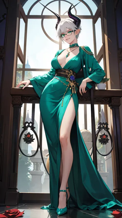 8k, masterpiece, best quality, highly detailed, 1girl, tiefling, multicolored hair, very short straight hair green highlight hair on white hair, strippled hair, wearing glasses, earrings, necklace, mole, glowing green eyes, glamorous, aristocrat, high heel...