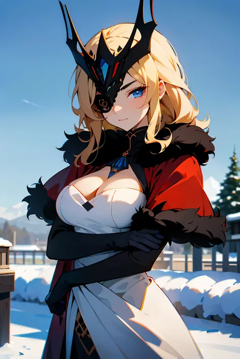 (Masterpiece, best quality), signora (genshin impact), beautiful lady in gown, color pallet (black, red), fur trim, fur-trimmed coat,  gloves,  smooth skin, mature female, beautiful face, (black mask, eye mask), one eye covered, blonde hair, wavy hair, blu...