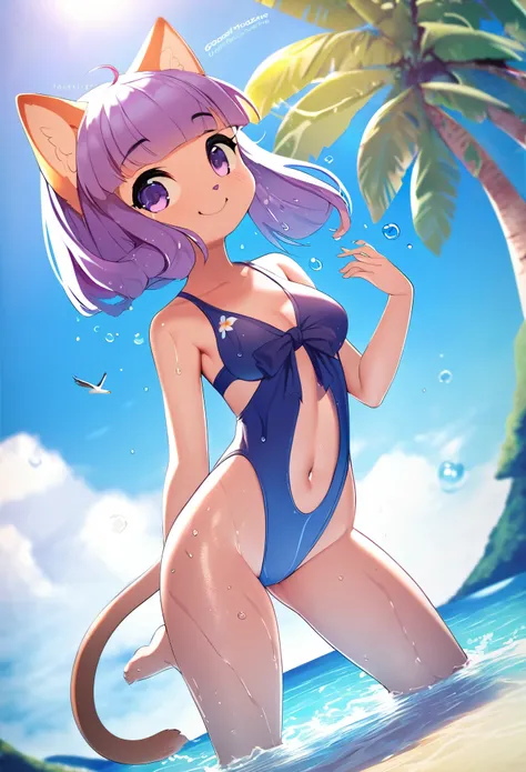 cover page, Hawaiis tourist magazine, highres, top quality, best quality, paid reward available, unparalleled masterpiece, perfect artwork, absurdres(angelic cute 1girl, cat girl)perfect anatomy, best pose as a subject, Wet skin, water droplets, smile, pla...