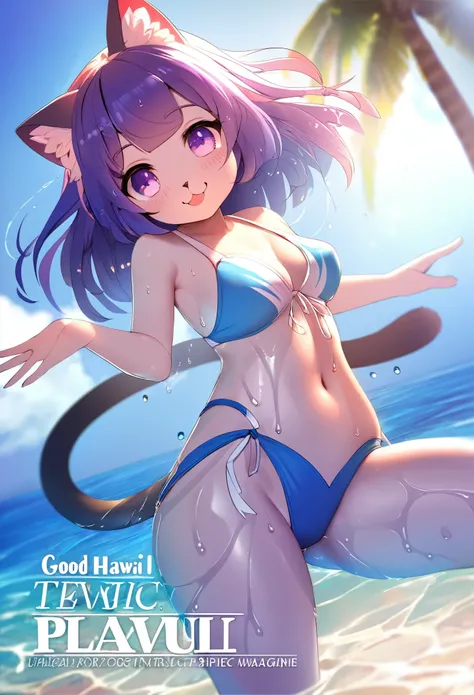 cover page, Hawaiis tourist magazine, highres, top quality, best quality, paid reward available, unparalleled masterpiece, perfect artwork, absurdres(angelic cute 1girl, cat girl)perfect anatomy, best pose as a subject, Wet skin, water droplets, smile, pla...