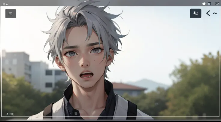 he is surprised scared gray hair gray eyes 16 years old