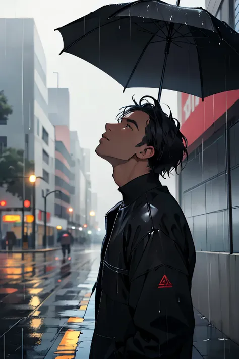 ((Melhor qualidade)), ((obra de arte)), (detalhado), perfect face A teenager is on the street in the rain upset with everything that happened and he is dressed all in black it is a black man looking up watching the rain fall

