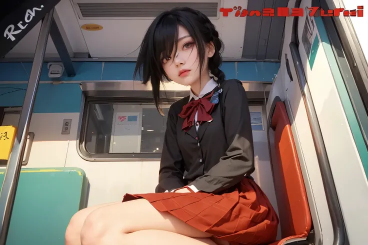 Garota de anime sentada em um assento de trem, estilo de arte anime moe, black hair with big bangs covering one eye and two small black braids, estilo realista