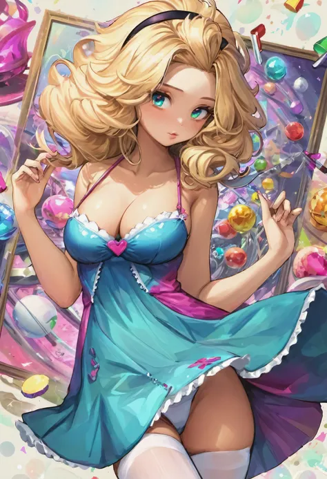 a beautiful 20 year old blonde woman with big messy hair in a blue dress, white stockings, black headband, cleavage, fantasy art style, rossdraws cartoon vibrant, alice x. zhang, alice in wonderland cyberpunk, cute detailed digital art, colorfull digital f...