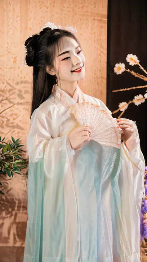 woman in traditional dress holding a fan and smiling in front of a wall, white hanfu, hanfu, palace ， a girl in hanfu, wearing a...