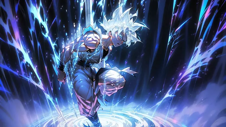 Son Goku transforming into Ultra Instinct surrounded by blue Aura and lightning full body shot, 4k, Silver Hair, Silver Pupils, high details, epic, cinematic