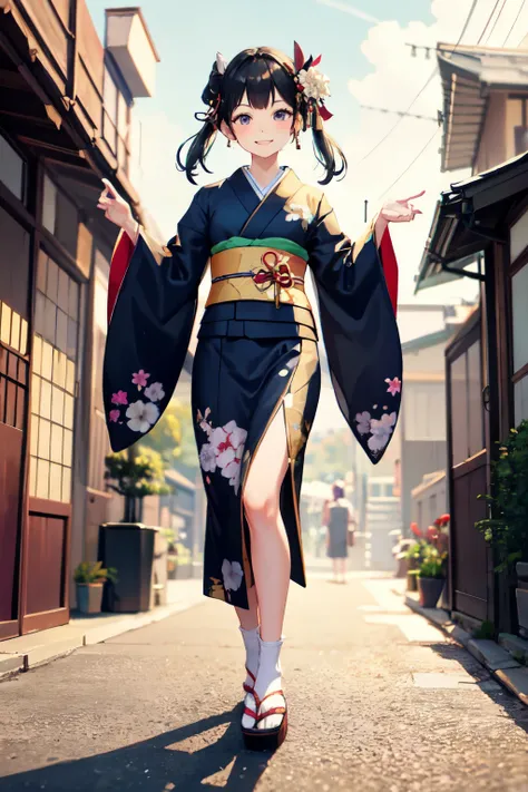 kimono,Taking steps,outdoor,smile,((highest quality)), ((masterpiece)), (be familiar with), perfect face