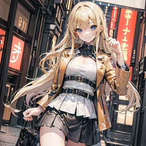 (masterpiece, 8k, super detailed),blonde long hair,smile,beautiful double,Tokyo at night,leather jacket,tall,daily