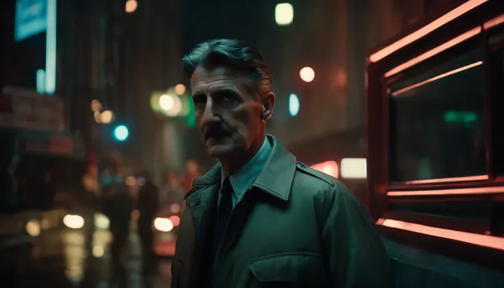 Illustrate George Orwell in a dystopian metropolis, where surveillance cameras and neon lights illuminate the streets, echoing the themes of his iconic novel 1984.