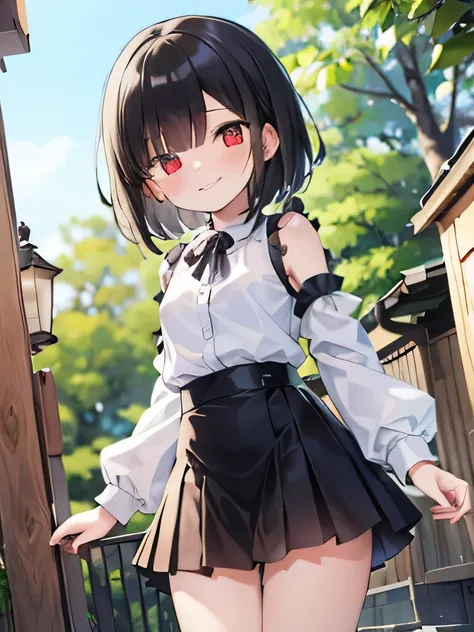 masterpiece, highest quality, 1 girl, alone, private server,No sleeve,mini skirt, outdoor,red eyes,smile, blush,black hair bob,sexy face,Cheeky smirk,mischief,spring,flower,Does not show fingertips,hide your hands,holiday