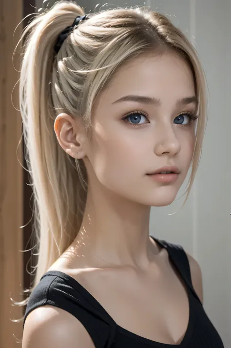 (half body) beautiful 14-year-old girl, perfect breasts, wavy platinum blonde ponytail.