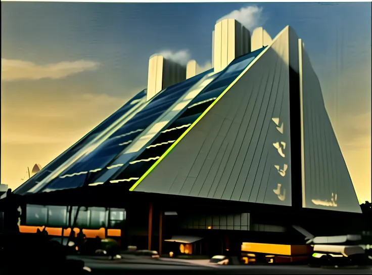 a building in arafed with solar panels on top., futuristic church, googie architecture, brutalist architecture, brutalist aztec ...