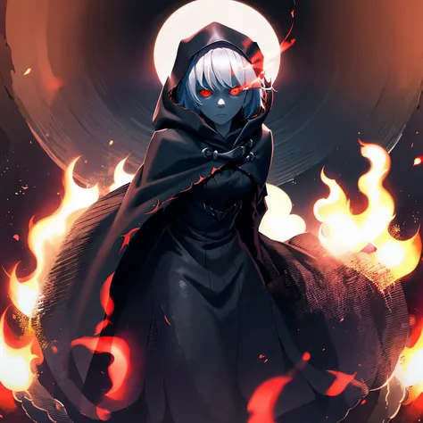 Young Female, Pale Skin, Red Eyes, Short White Hair, Menacing Expression, Beautiful, Dark Lighting, Intimidating, Horror Theme, Standing, Darkness surrounding, Tentacles forming from behind her back, Wearing a black cloak with the hood up, tentacles moving...