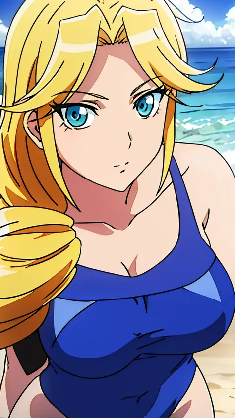 highest quality, High resolution, beautiful eyes, highly detailed face,1 girl, Racuse, blonde hair, swimsuit, beach, long hair,skin luster,stylish pose, stylish angle,looking at the viewer, in the center of the image,cowboy shot,