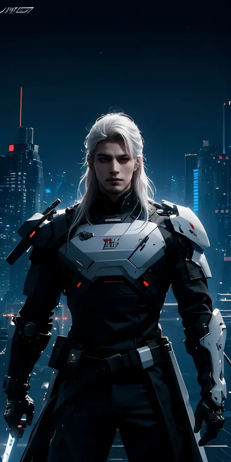 photorealistic, high resolution, soft light,hansome male, solo, hips up, (detailed face), white long hair, cybersamurai, cyborg, cyberpunk,  cyber armor, holding weapon,glowing,gun, city at night