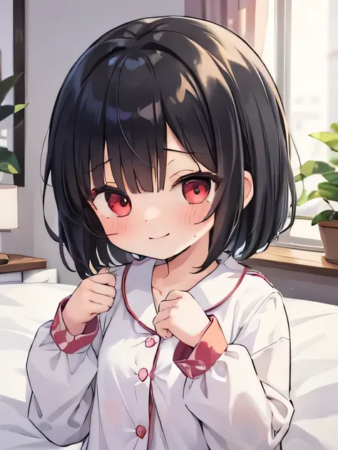 masterpiece, highest quality, girl, alone, pajamas,on the bed,red eyes,smile, blush,black hair bob,sexy face,Cheeky smirk,mischief,spring,flower,Does not show fingertips,hide your hands,holiday