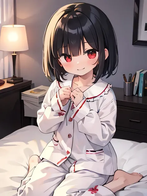 masterpiece, highest quality, girl, alone,  pajamas,on the bed,red eyes,smile, blush,black hair bob,sexy face,Cheeky smirk,mischief,spring,flower,Does not show fingertips,hide your hands,holiday