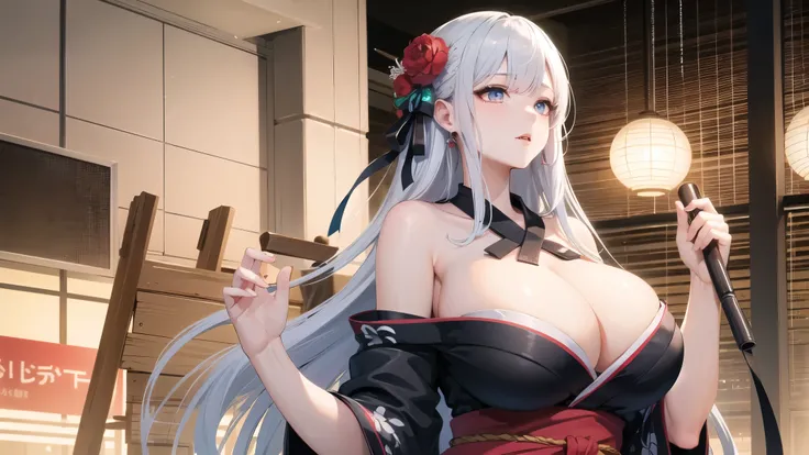 (((masterpiece, best quality))), (((superior quality))), cute girl, ((extremely detailed girl)), ((huge breasts)), yukata, (bare shoulders), strapless top, random expression