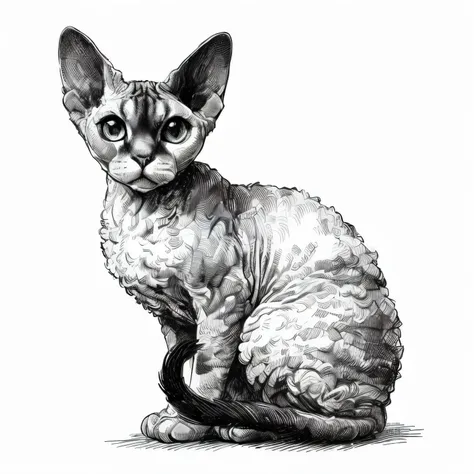 a drawing of a cat sitting on the ground with its eyes open, sphinx cat, highly detailed ink illustration, pen and ink illustrat...