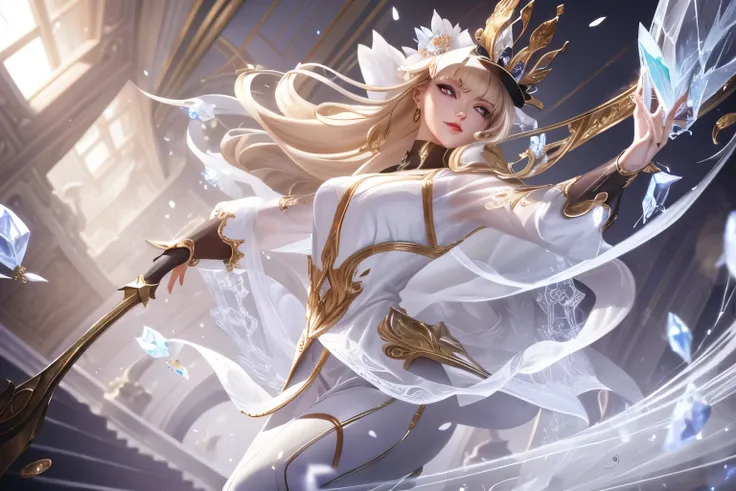 Dirt.,white shirt,(Spectral magic:1.2), League of Legends สแปลชอาร์ต, woman,Bangs,black pants,Red eyes,Blonde hair,(madness:1.2),crystal,mask,fight,front view,gold,fish,victorian hat,Europe,Middle Ages,marble pattern,white magic,joy,luxurious,diamond,flowe...