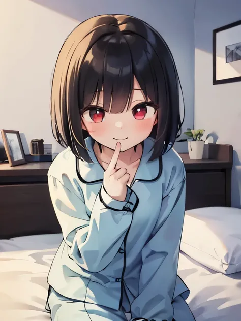 masterpiece, highest quality, girl, alone,  pajamas,on the bed,red eyes,smile, blush,black hair bob,sexy face,Cheeky smirk,mischief,spring,flower,Does not show fingertips,hide your hands,holiday