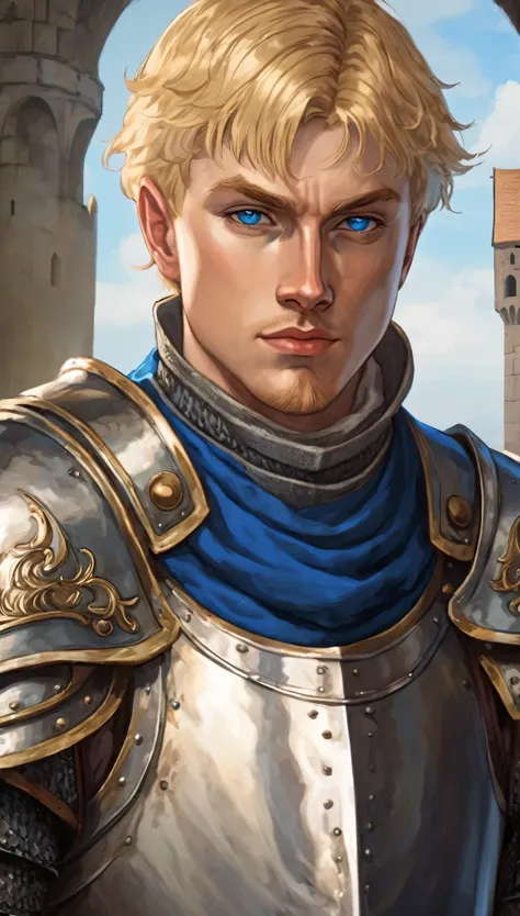 medieval male portrait, short blonde hair, blue eyes, retina, perfect body, knight armor, medieval style, masterpiece, vinland saga style
