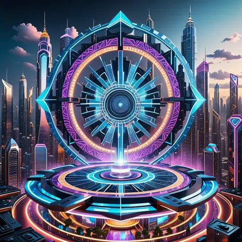 Giant Geometric Shape, Mandala Art, Floating platform above a swirling vortex of energy, futuristic cityscape with neon lights and skyscrapers, holographic screens, flying drones, and other technological marvels, energetic and empowering atmosphere, low-an...