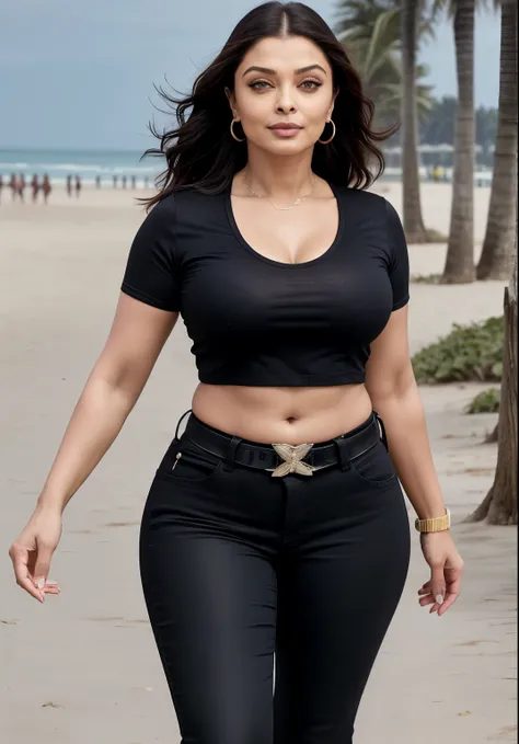 49 yo mature MILF Aishwarya Rai as police officer, black tight jeans, tight crop top, high heels, ponytail hair, bright sunny day scene, athletic curvaceous milf body, walking in beach, hourglass milf figure, perfect breasts, seductive expression on her fa...