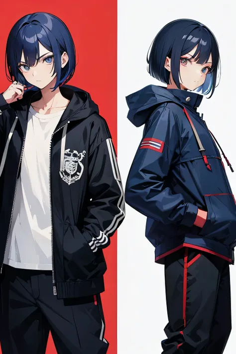 Anime character with an attitude,cool,character sheet including front view and side view, long pants, bob, short dark blue hair, anorak