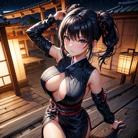 Beutyful girl,her hair is black,her hair is tie,she wearing full ninja outfit,mid night,she at Japan tradisional house Rooftile,(master piece),hd,dark lightning