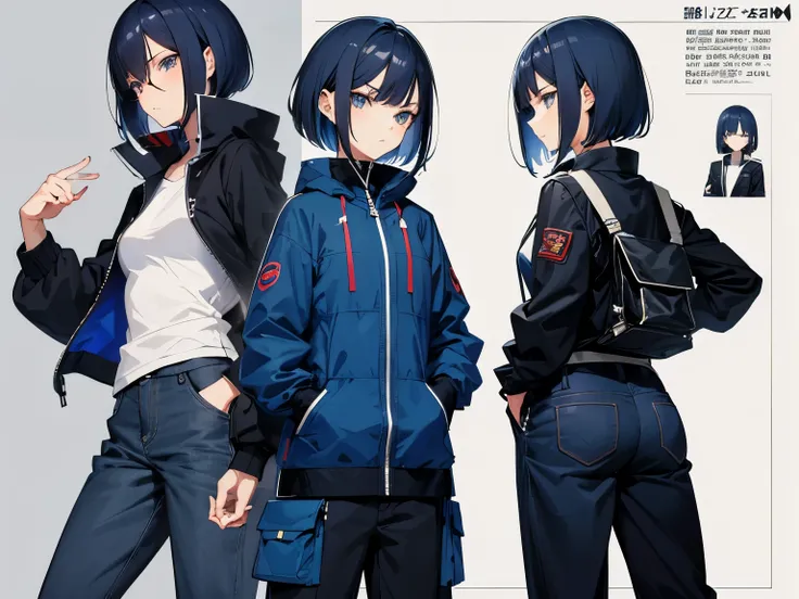 Anime character with an attitude,cool,character sheet including front view and side view, long pants, bob, short dark blue hair, anorak