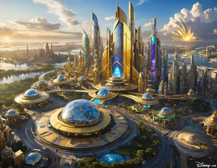 (golden hour lighting), megacity, megalopolis of an imaginary world of science fiction , parecido a una disneylandia futurista, ...