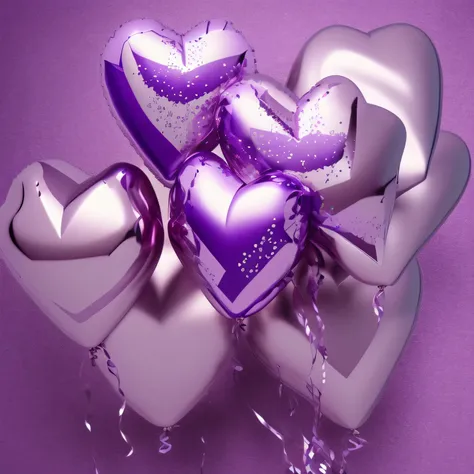 Smooth Purple background, with heart shaped balloons at the both sides, high quality, courtain texture behind the balloons, and confetti