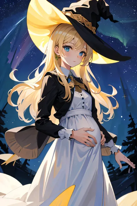 ((Masterpiece:1.2, Best quality)), 1girll, Solo, (Witch hat), Blonde hair, Long hair, dress, aurora, Night, Star (sky), mitts, sky, White dress, Night days, pregnancy