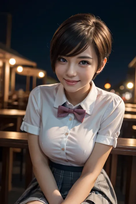 (8K, Raw photo, highest quality, masterpiece:1.2), (realistic, photo-realistic:1.37), Super detailed, 1 girl,cute, alone,beautiful detailed sky,Detailed cafe,night,sitting,date,(blush your nose),(smile:1.1),(closed mouth),big breasts, seductive smile, wide...