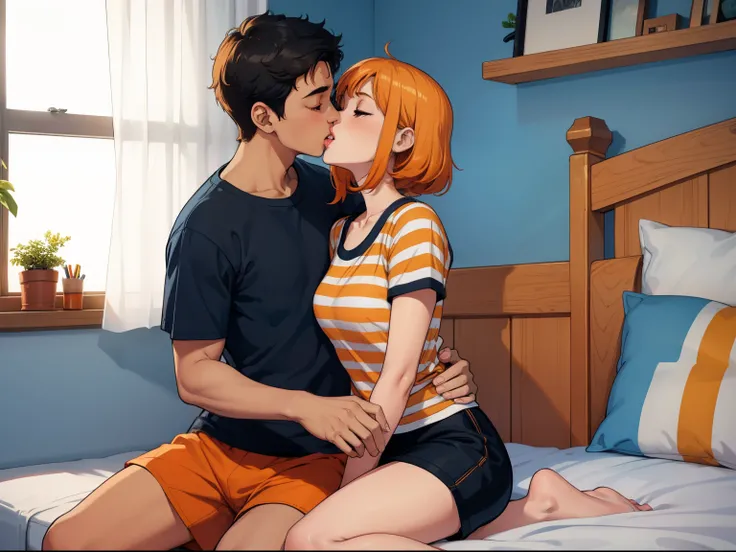 Young girl wearing white and orange striped t shirt and orange shorts and young boy wearing a navy blue t shirt and black shorts sitting on a bed together, kissing, making out, passionately, sexy, hot, lustful