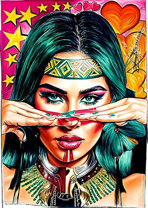 um desenho de uma mulher com um cocar cobrindo os olhos, vibrant fan art, por Reyna Rochin, Retrato colorido de Megan Fox, desenho colorido, desenho colorido, retrato de garota de cerveja madison, inspirado em Pia Fries, arte perfeita, artistic design, des...