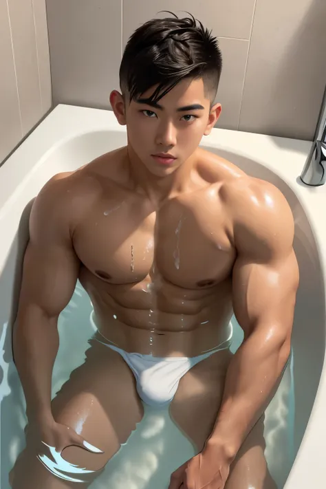 1 Asian boy, ((bara:1.5)), sport body, sexy,  small tiny black g-string, bare chest, flat chest, bare shoulders, small bulge, in a bath tub, a lot a lot of cum, half body is under water, wide angle, detailed bathroom, athletic body, male, iridescent skin, ...