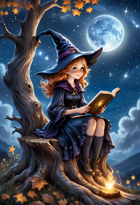 ultra detailed illustration of a cute witch sitting on a tree stump reading a book, her ornate mantle blowing on the wind, the stary night sky. Watercolor detailed hand drawing, painted realism, photorealistic, 8k, fantasy digital art, HDR, UHD.