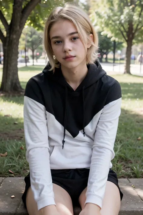 13-year-old sexy beautiful boy with light yellow hair and medium size, with a white body and no hair, with pale blue eyes, with pale pink lips, with a cute and cute face, wearing black shorts and a long black hoodie in the park Sitting