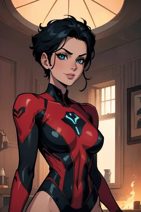 (art, Best quality, absurd, 4K, aesthetics, perfect eyes, perfect face, detailed, complex, Perfect lighting) 1 girl with fair skin, dark shaved short hair, wears a red and black futuristic bodysuit, queen of an alien race, warrior, gentle smile