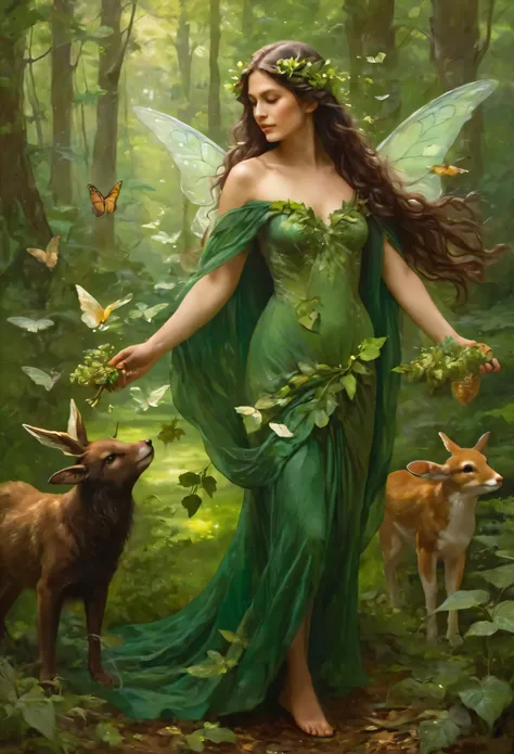 elegant and serene fairy dryad with long wavy earthen-brown hair, leaf-green floral gown, mystical fauna wings, helping the anim...