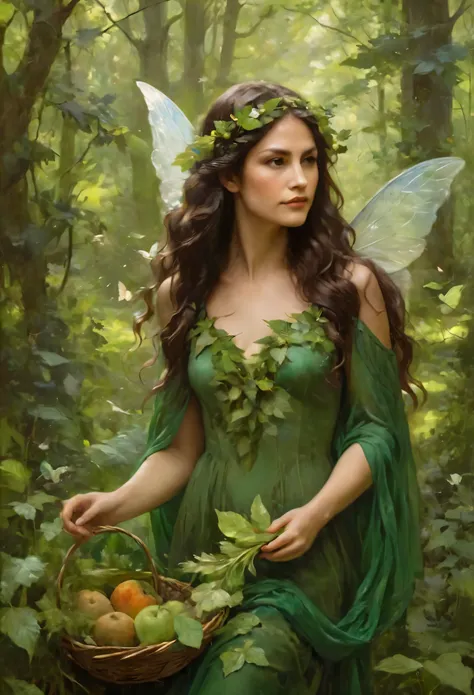 Elegant and serene fairy dryad with long wavy earthen-brown hair, leaf-green floral gown, mystical fauna wings, helping the animals of the forest harvest their food in a peaceful and radiant forest, oil paint splash