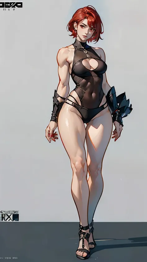 ((masterpiece,best quality,8k,highres)),((character concept art)), 1 female, adult female, warrior, 175 cm height, short hair (red hair colour), ultra finely detailed eyes (red eyes colour), extraordinary handsome, charming, smirk smile, shapely breasts, h...