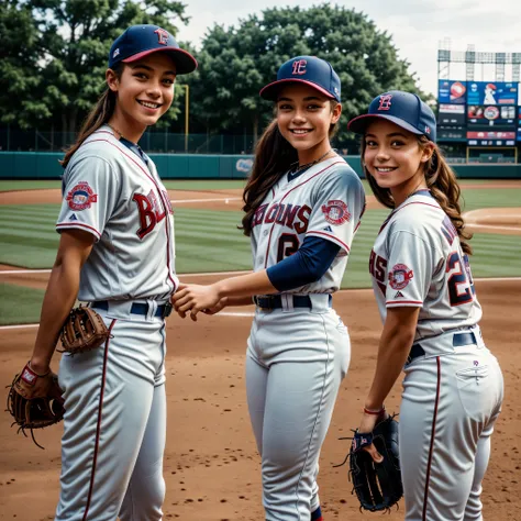 young people wearing baseball uniforms in a baseball stadium, practicing baseball, 90s theme, trees in the background of the sta...