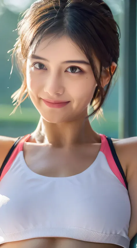 ((Top Quality, 8k, Masterpiece: 1.3)), 1 Girl, Beauty with Accentuated Slim Abs: 1.3, (Casual Hairstyle, Super Big: 1.2), Gym, Workout Wear: 1.2, Ultra Detail Face, Delicate Eyes, Double Eyelids, Soft Breasts, Smile, Ultra Exposed tits,sweat skin